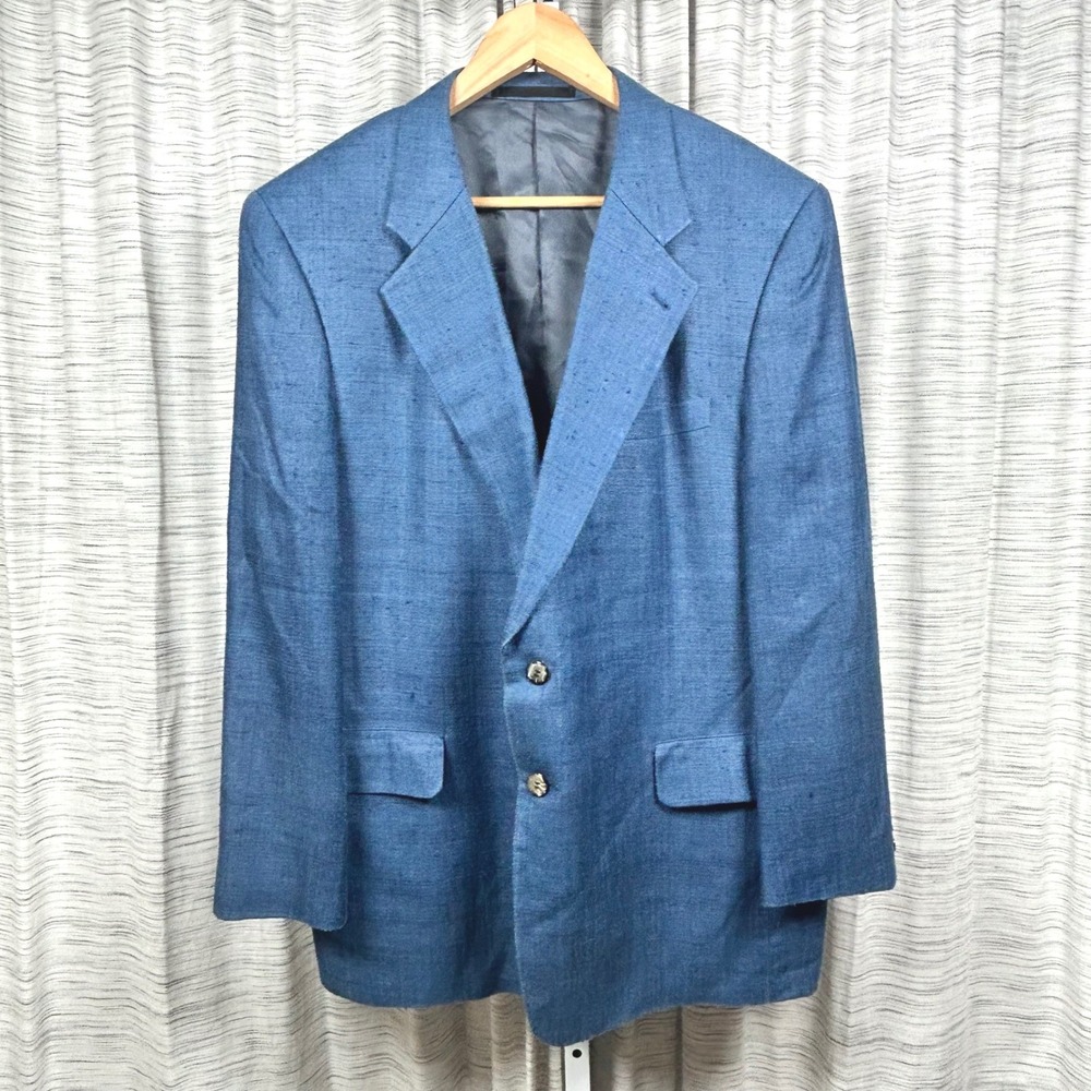 Harry Lebow Blazer Blue Mens 44R 100% Silk Slub Sport Coat EUC
